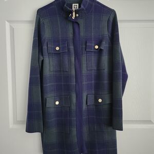 Anne Klein Navy & Green Plaid Long Pea Coat